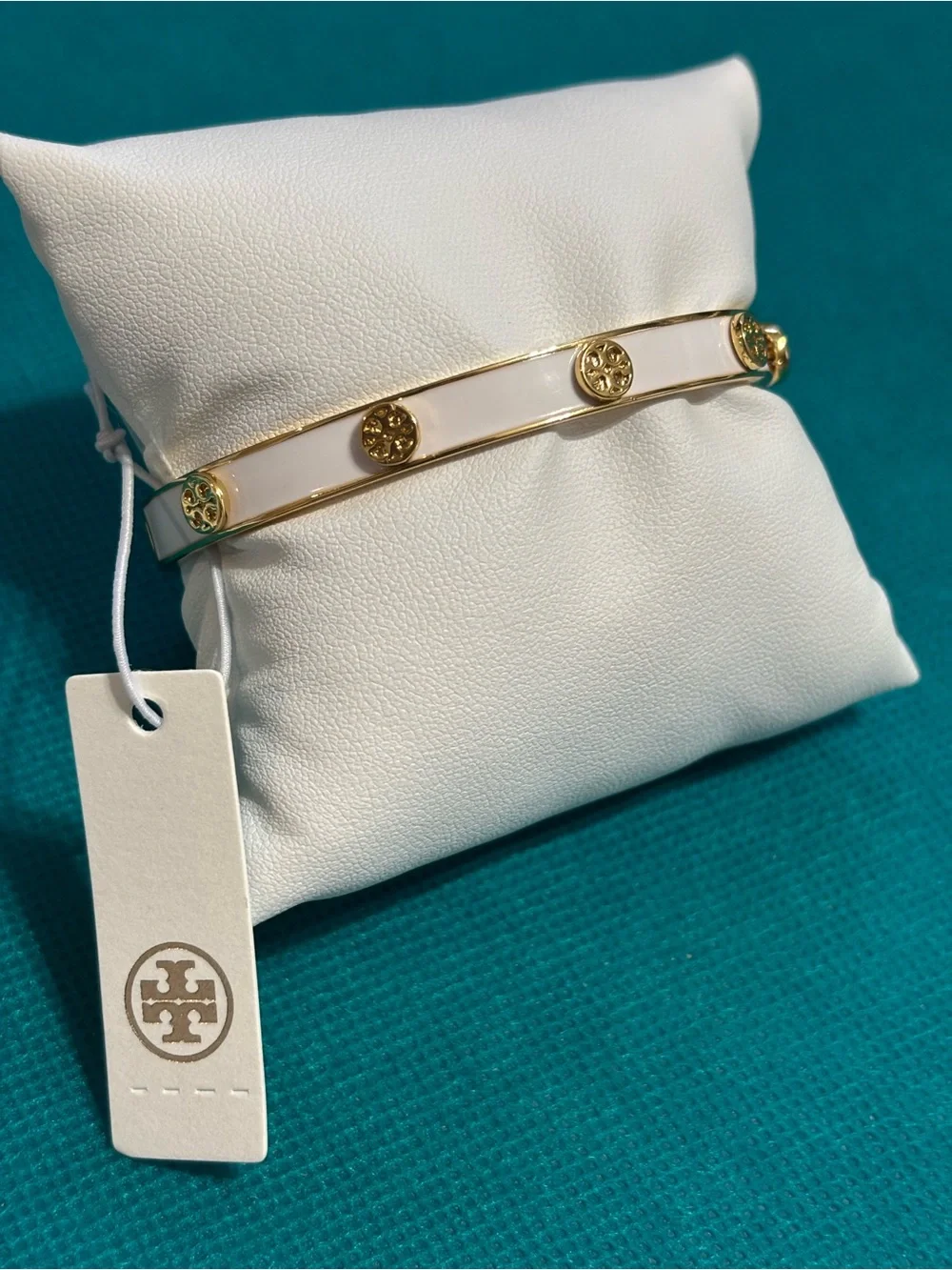 Tory Burch White Enamel and Gold Logo Bangle